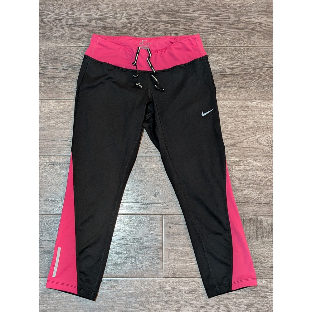 Nike Dri-FIT Women Black Pink Colorblock Running Leggings Capri Pants Medium